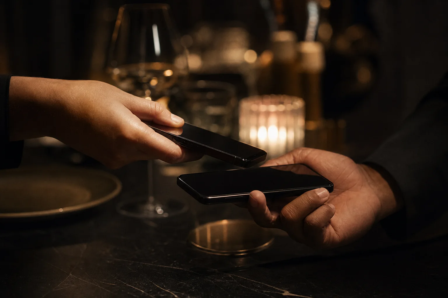 A guest taps one phone against another at a candle-lit restaurant table