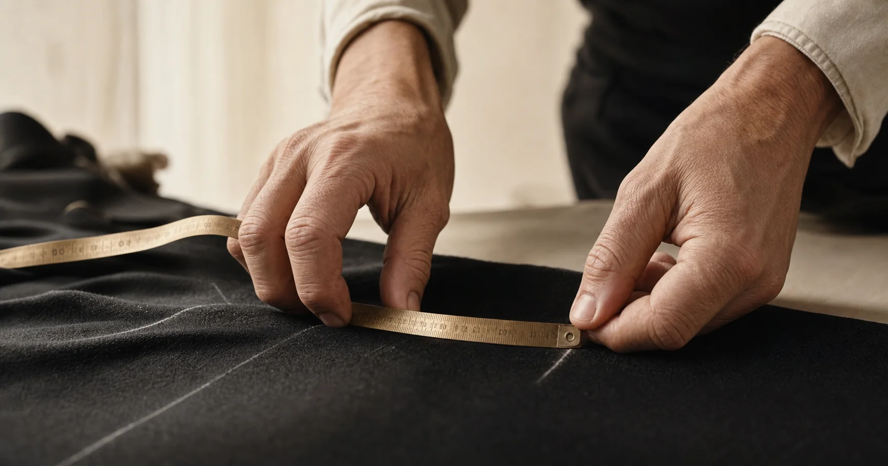 A tailor measures dark cloth with a brass-toned tape